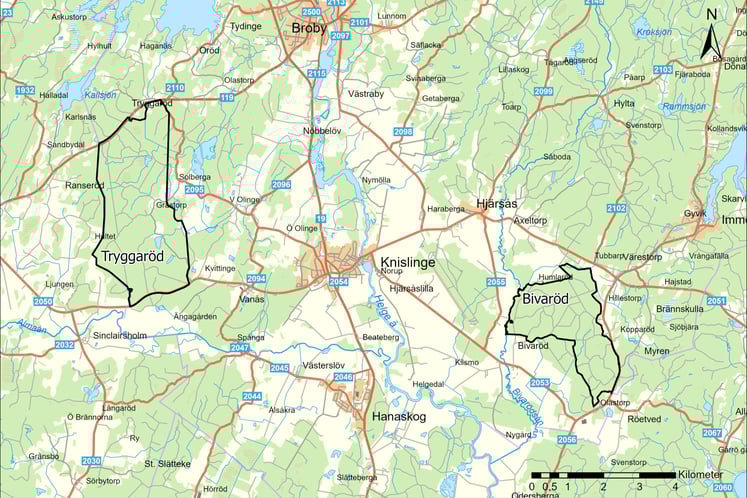 Del av karta över projektområdena för BivaTrygg Del av karta över projektområdena för BivaTrygg