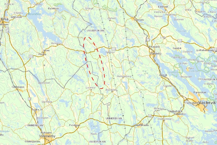 Karta som visar utredningsområdet för vindprojektet