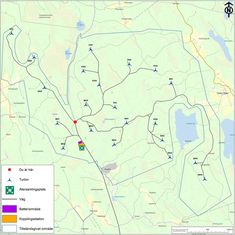 Kartan visar slutgiltig layout och placering av de 21 vindkraftverken, batterienergilagret samt kopplingsstation och finns uppsatt på två informationsskyltar i vindkraftparken.